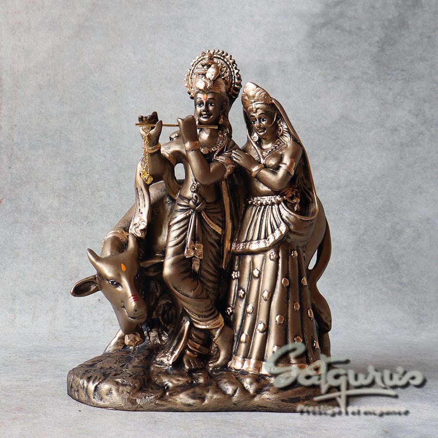Metallic Finish Radha Krishna Statue With Cow By Satguru's