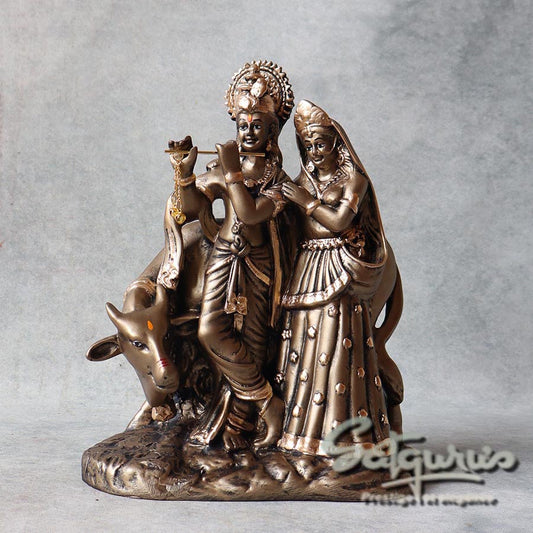 Metallic Finish Radha Krishna Statue With Cow By Satguru's