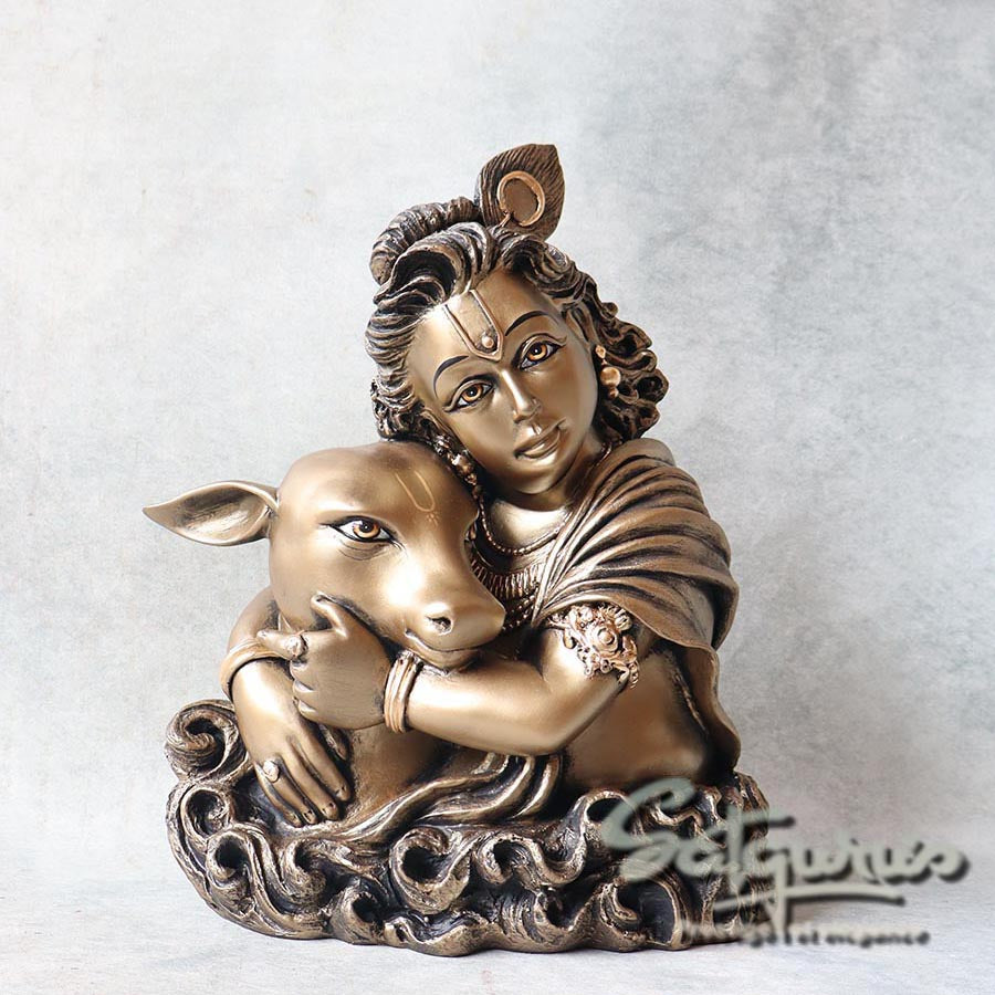 Metallic Finish Krishna With Cow Bust By Satguru's