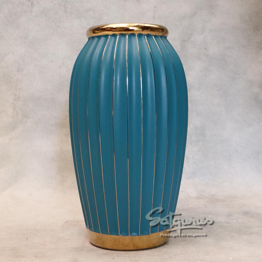 Big Teal Ribbed Ceramic Table Vase By Satguru's