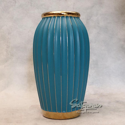 Big Teal Ribbed Ceramic Table Vase By Satguru's