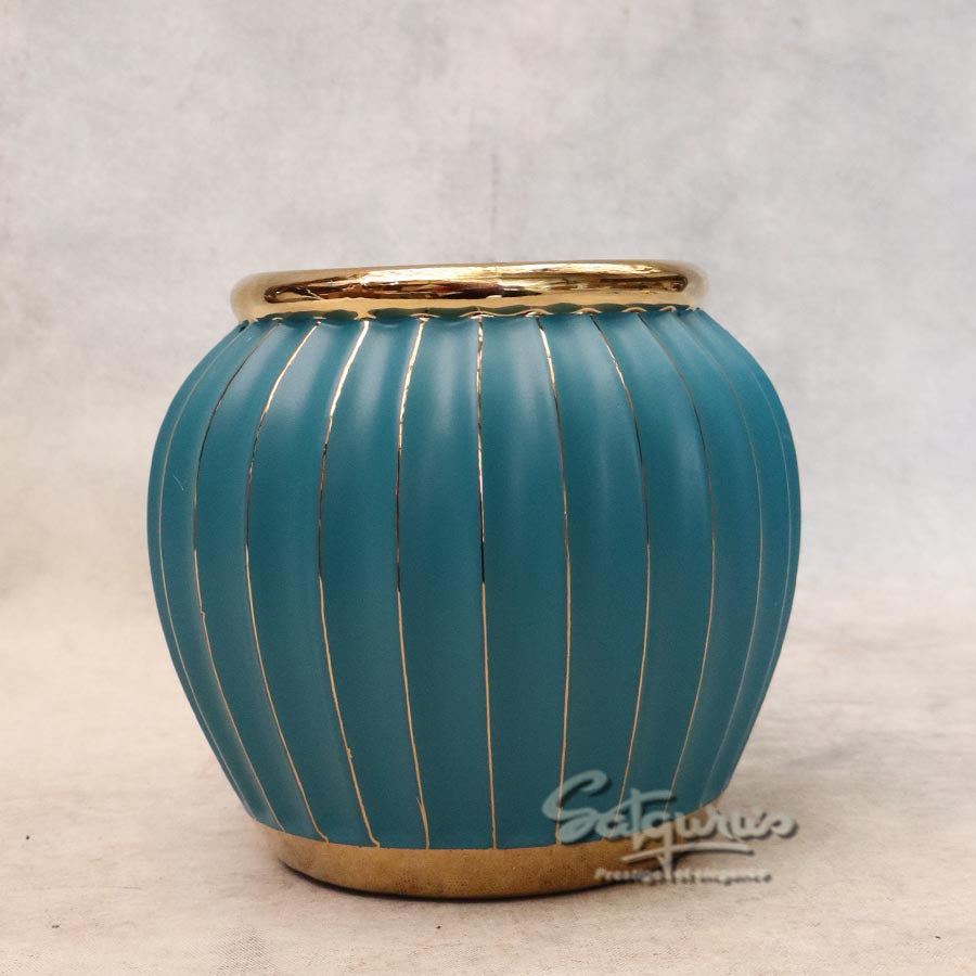 Small Teal Ribbed Ceramic Table Vase By Satguru's