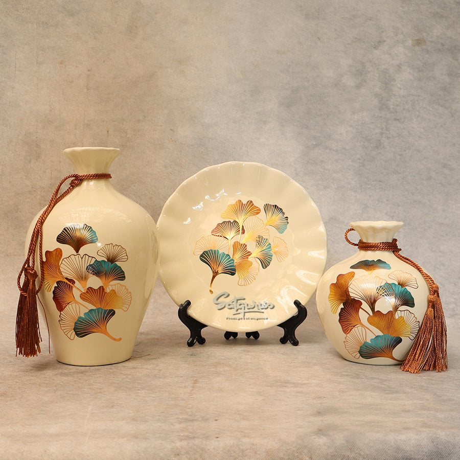 Set Of 3 Leaves Decorative Ceramic Vase With Plate By Satguru's