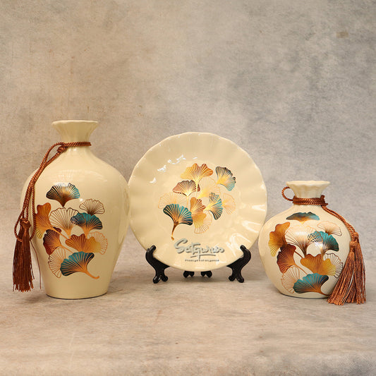 Set Of 3 Leaves Decorative Ceramic Vase With Plate By Satguru's