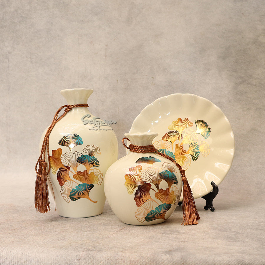Set Of 3 Leaves Decorative Ceramic Vase With Plate By Satguru's