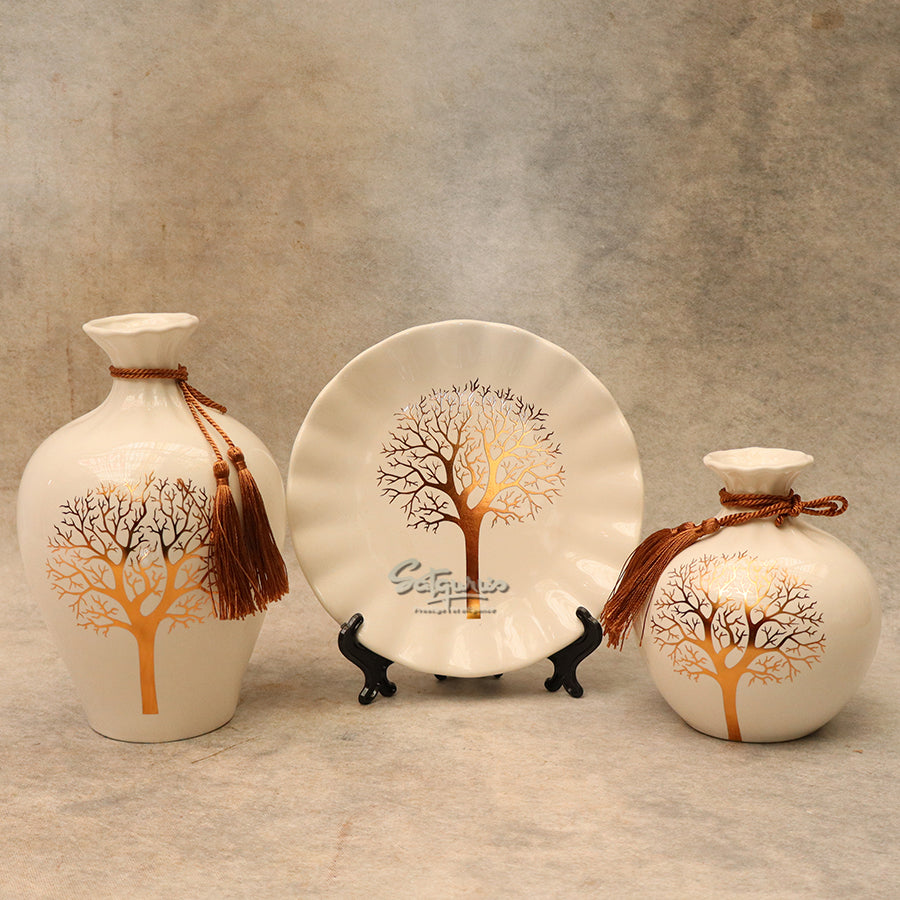 Set Of 3 Tree Decorative Ceramic Vase With Plate By Satguru's