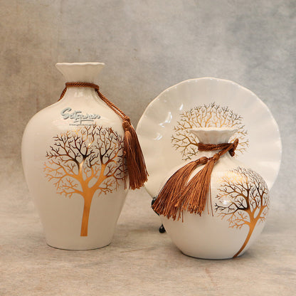 Set Of 3 Tree Decorative Ceramic Vase With Plate By Satguru's