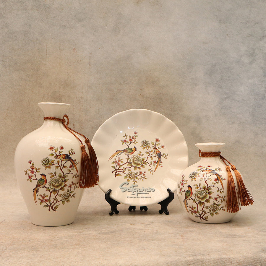 Set Of 3 Birds Decorative Ceramic Vase With Plate By Satguru's