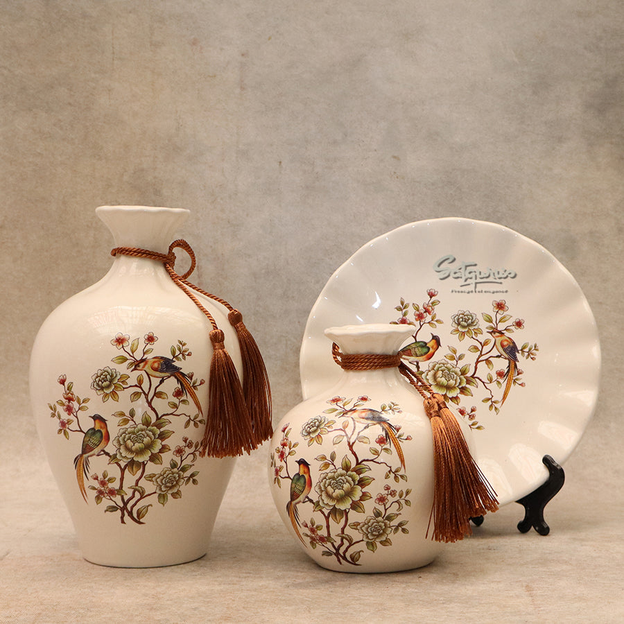 Set Of 3 Birds Decorative Ceramic Vase With Plate By Satguru's