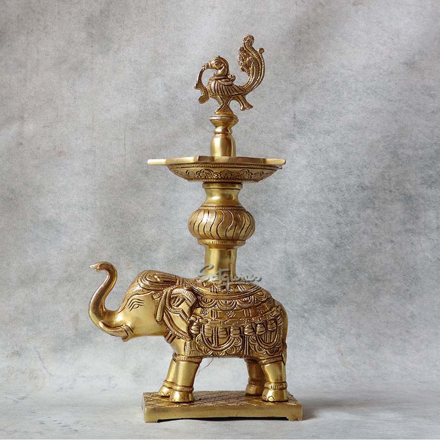 Brass Yellow Gold Annam Lamp On Elephant By Satguru's