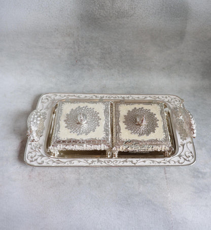 Metal Peacock Tray With Box White By Satguru's