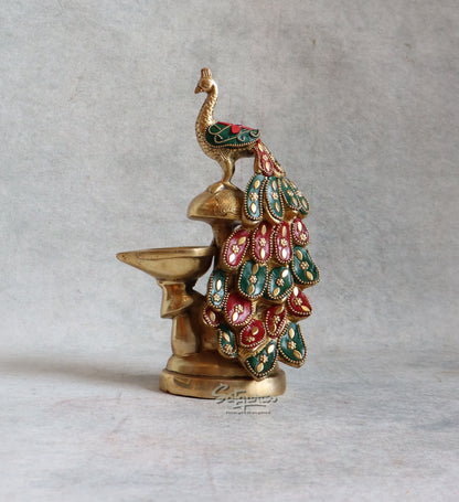 Brass Peacock Diya With Stone Work By Satguru's