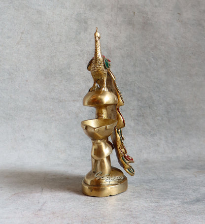 Brass Peacock Diya With Stone Work By Satguru's