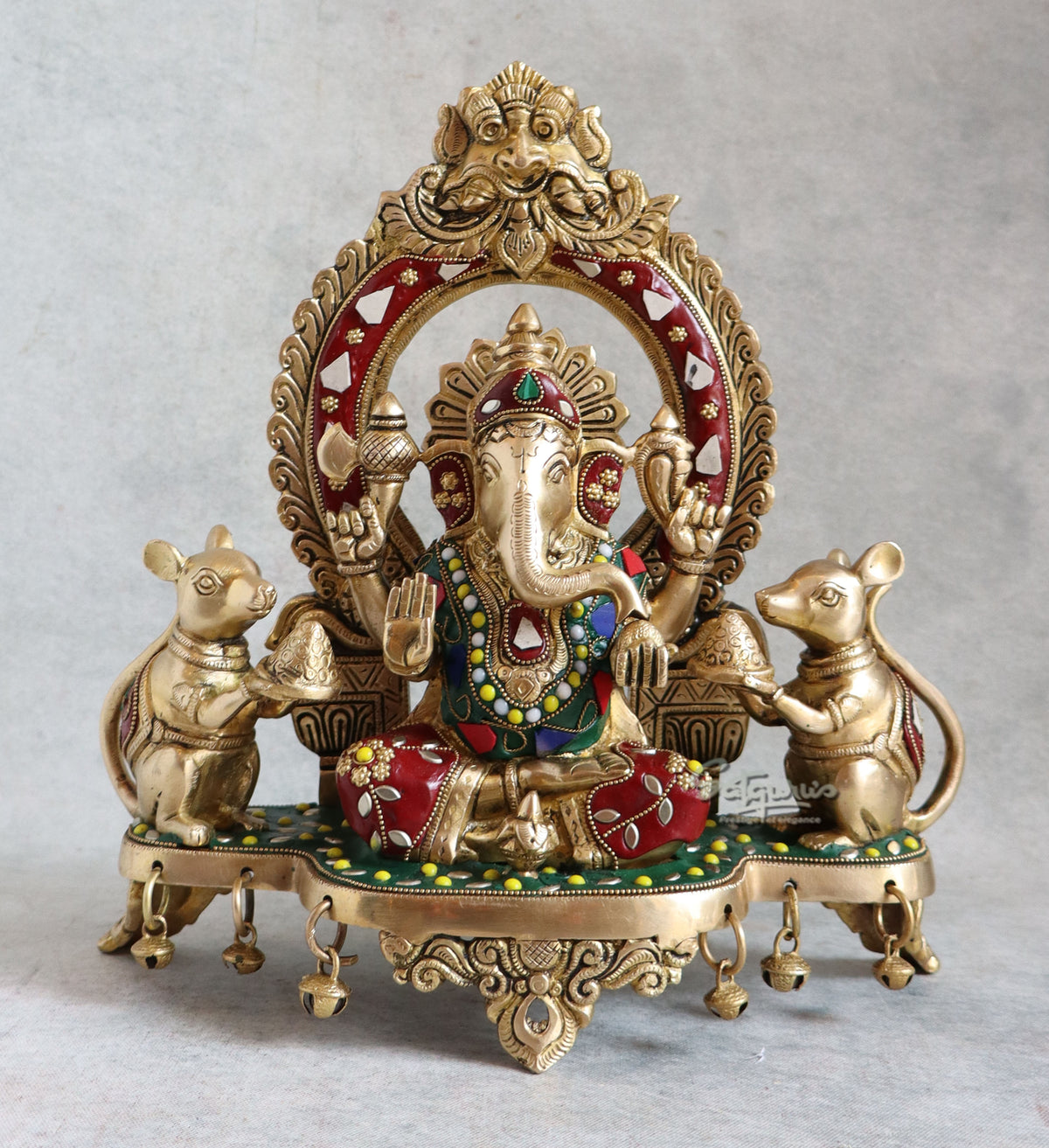 Brass Ganesha Sitting On Base With Stone Work By Satguru's