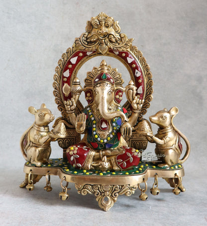Brass Ganesha Sitting On Base With Stone Work By Satguru's