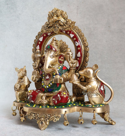 Brass Ganesha Sitting On Base With Stone Work By Satguru's