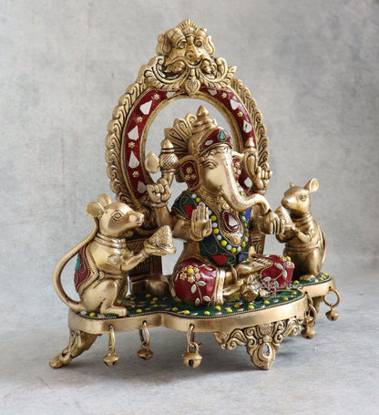 Brass Ganesha Sitting On Base With Stone Work By Satguru's