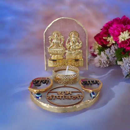 Laxmi Ganesh On Rose Quartz Stone With Plate & Sets by Satgurus