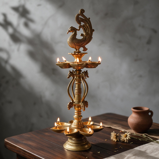 Brass Parrot Lamp With 5 Diya #A By Satguru's