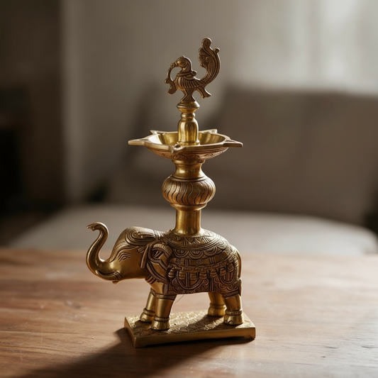 Brass Yellow Gold Annam Lamp On Elephant By Satguru's