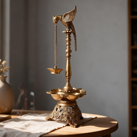 Brass Parrot Lamp With 5 Diya #B By Satguru's