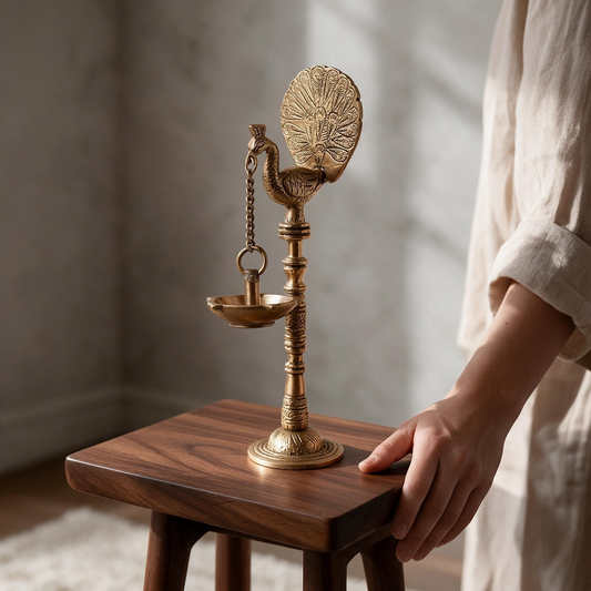 Brass Peacock Design Pillar Diya Stand By Satguru's