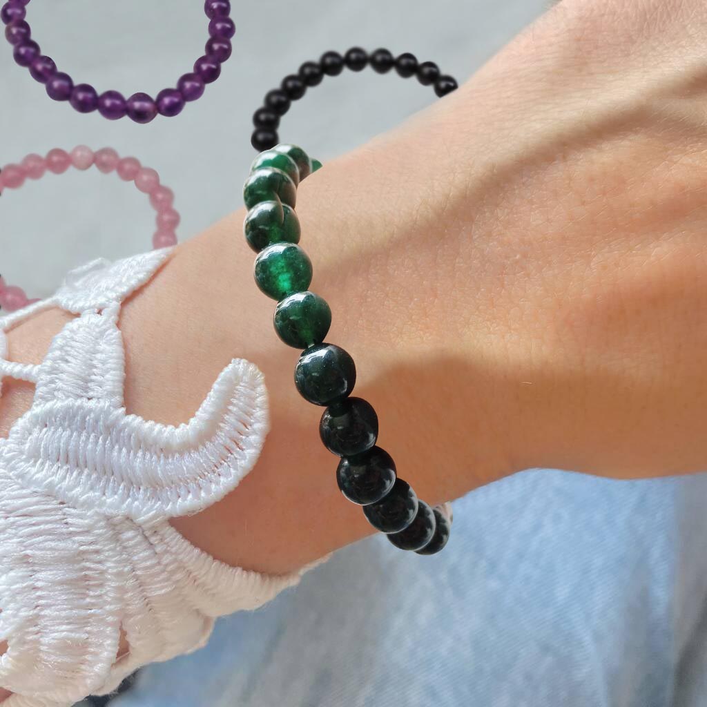 Handmade Mountain Jade and Rose Quartz Stretchable Bracelet – Bali Mantra