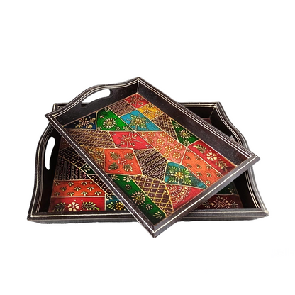 Wooden Tray Patch Work Painting Set Of 2 by Satgurus