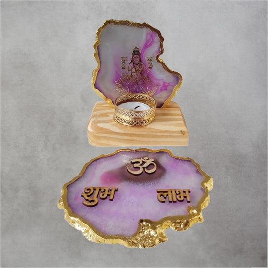 Laxmi Plate On stand With Candle Stand & Shubh Labh Plate by Satgurus