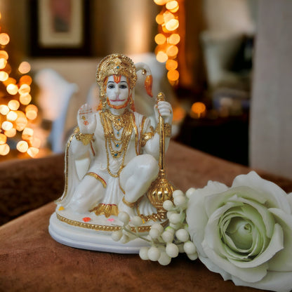 Hanuman Sitting In White/Gold Finish by Satgurus